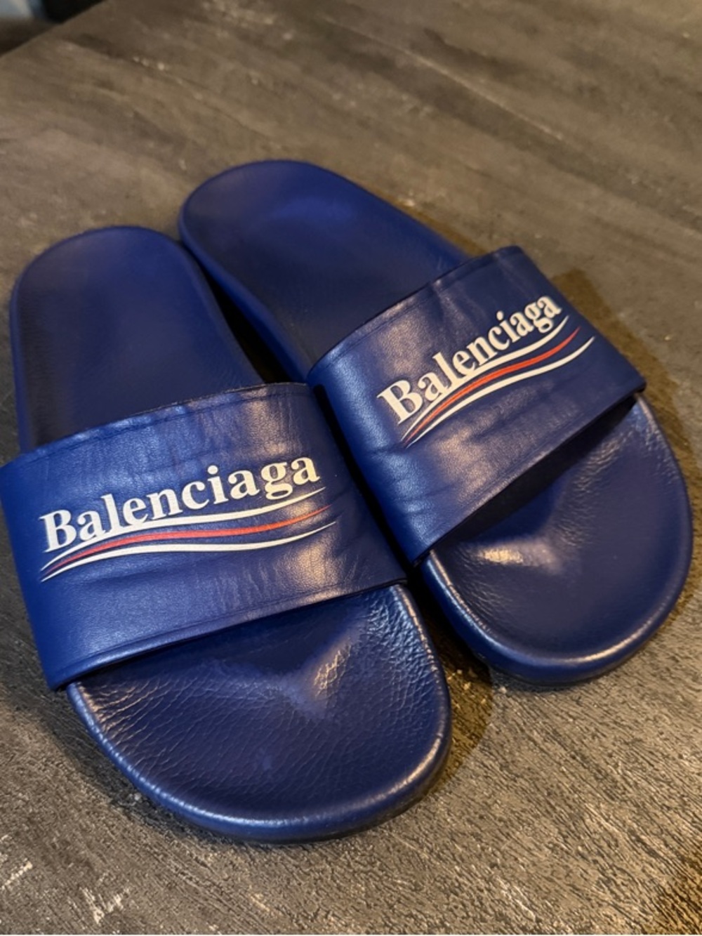 Balenciaga Royal Blue Leather Logo Slide Sandals